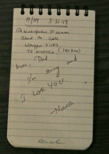 The 'death note' Kumar wrote for his parents before crossing the Waipara River. Photo: Supplied