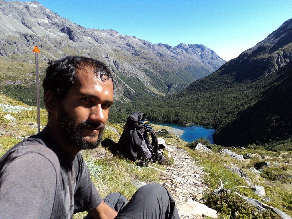 Kuldeep Nandurkar at blue lake, nelson lakes NP, during the Te araroa trail in 2012.