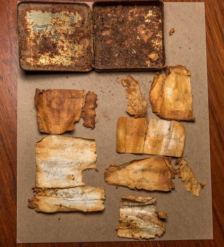 The remains of the logbook found on Mt Wakefield. Photo: Danilo Hegg