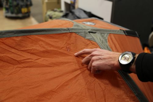 Sealant has been used to seal holes in this tent