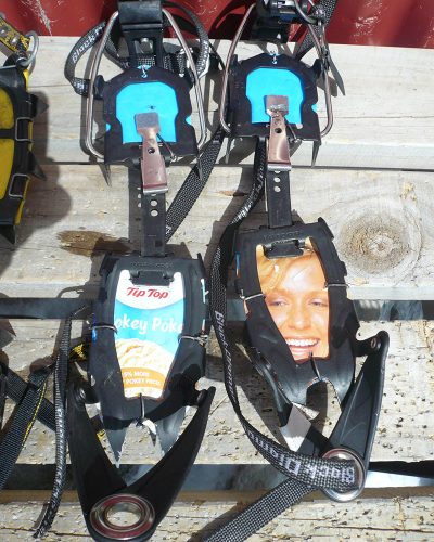 An old ice cream container lid makes an effective anti-balling plate for crampons