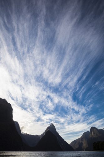Taken to emphasise the expansive sky and streaky clouds, this photo of Mitre Peak and Milford Sound largely dispenses with the rule of thirds but still forms a strong composition. I shot at f11 for a sharp shot with everything in focus. A tripod and mirror lock-up were used. Focal length 16mm: 1/6th Sec @ f11 and 100 ISO.